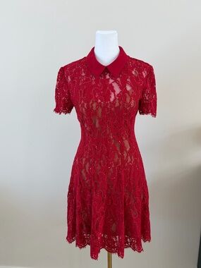 Self-Portrait Scarlet Lace Fit-and-Flare Mini Dress